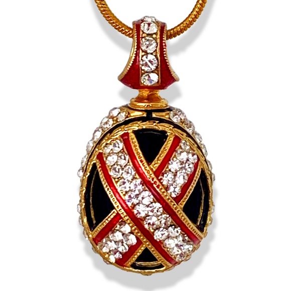 STERLING SILVER  RED Guilloché Enamel Faberge Art Deco Egg Pendant Swarovski - Picture 1 of 8